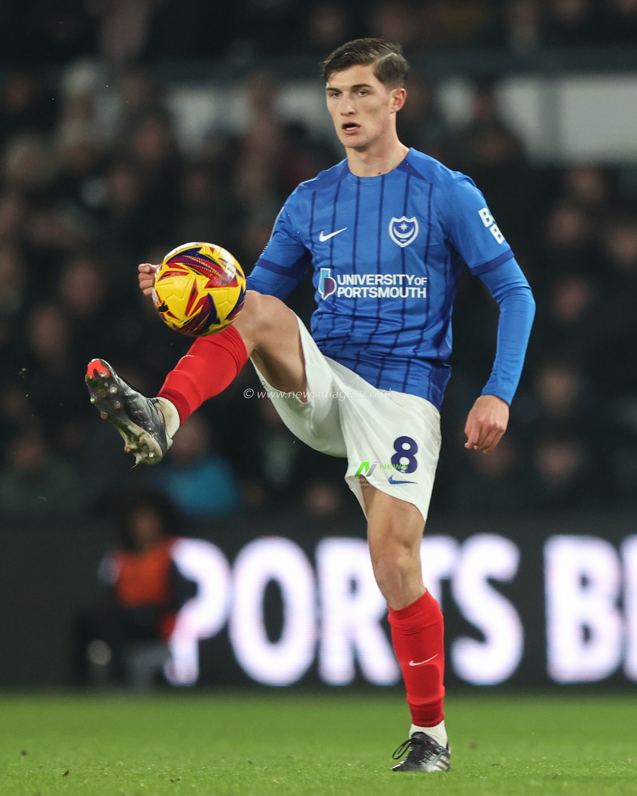Freddie Potts of Portsmouth controls the ball during the Sky Bet Championship match Derby County vs Portsmouth at Pride Park Stadium, Derby, United Kingdom, 13th December 2024

(Photo by Alfie Cosgrove/News Images)