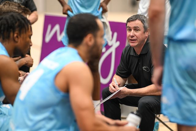 Lloyd Gardner Head Coach of Surrey Scorchers give his team instructions during a time out during the British Basketball Championship match Cheshire Phoenix vs Surrey Scorchers at Ellesmere Port Sports Village, Ellesmere Port, United Kingdom, 19th November 2023

(Photo by Craig Thomas/News Images)