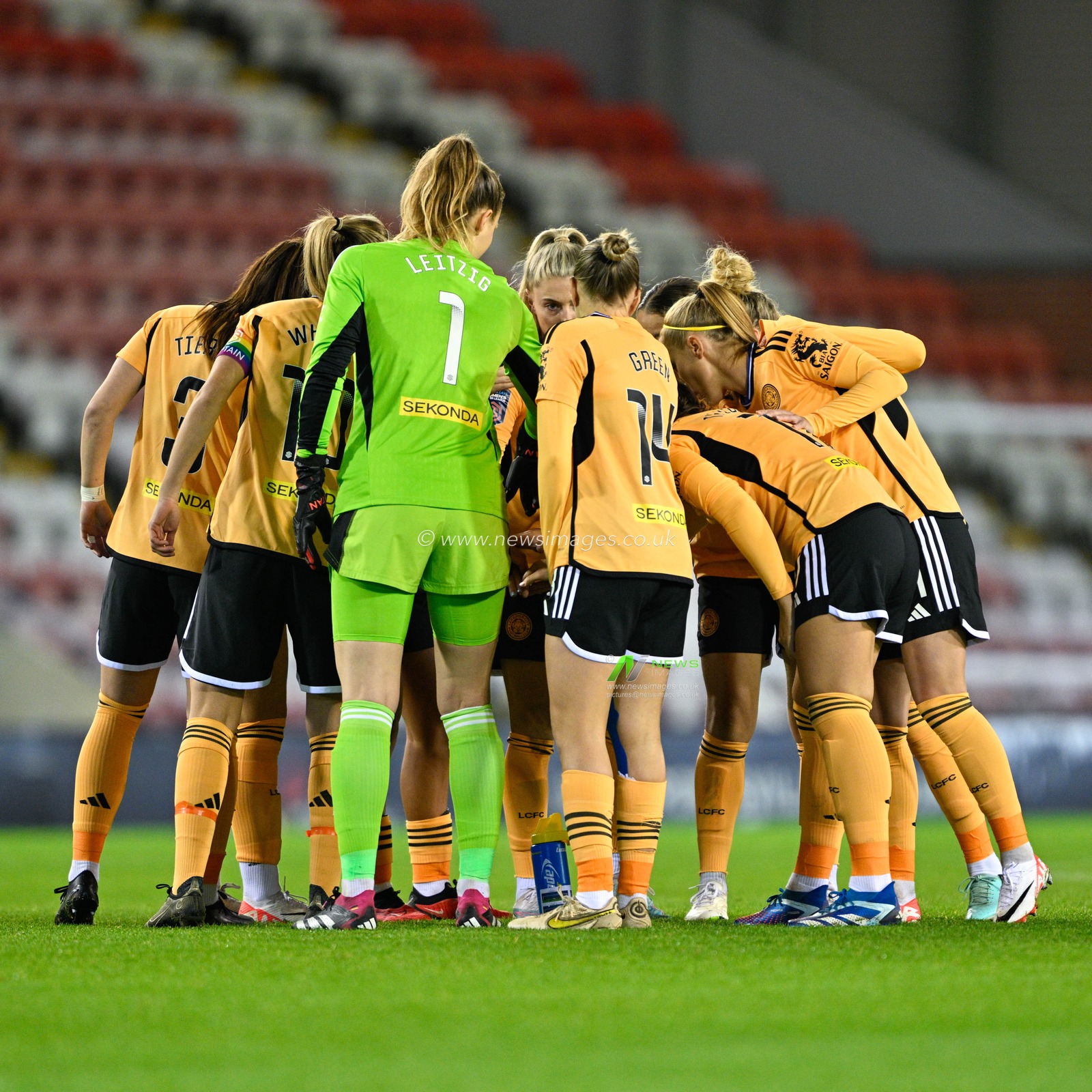 The Leicester team have a huddle ahead of kick off, during the FA Women's League Cup Group B match Manchester United Women vs Leicester Women at Leigh Sports Village, Leigh, United Kingdom, 14th December 2023

(Photo by Cody Froggatt/News Images)