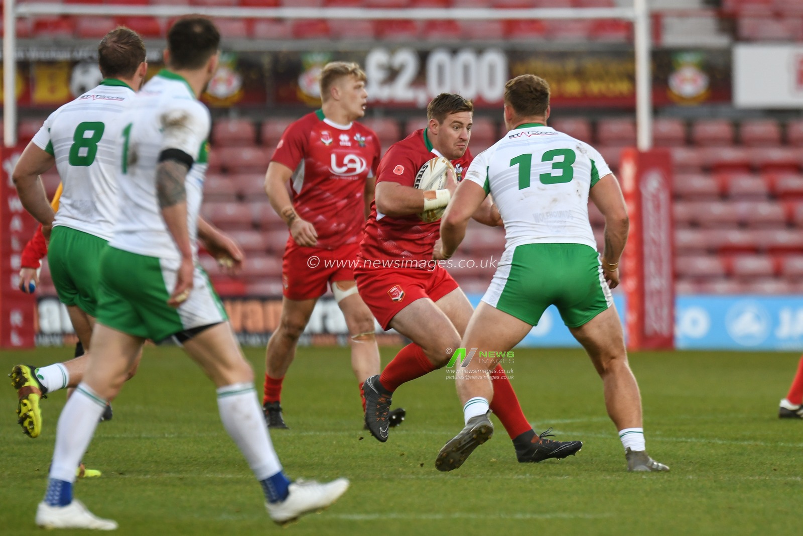 11th November 2018 , Racecourse Ground,  Wrexham, Wales ; Rugby League World Cup Qualifier, Wales v Ireland ; Jake Emmitt of Wales (and Toronto Wolfpack) on the attack


Credit:   Richard Long/News Images