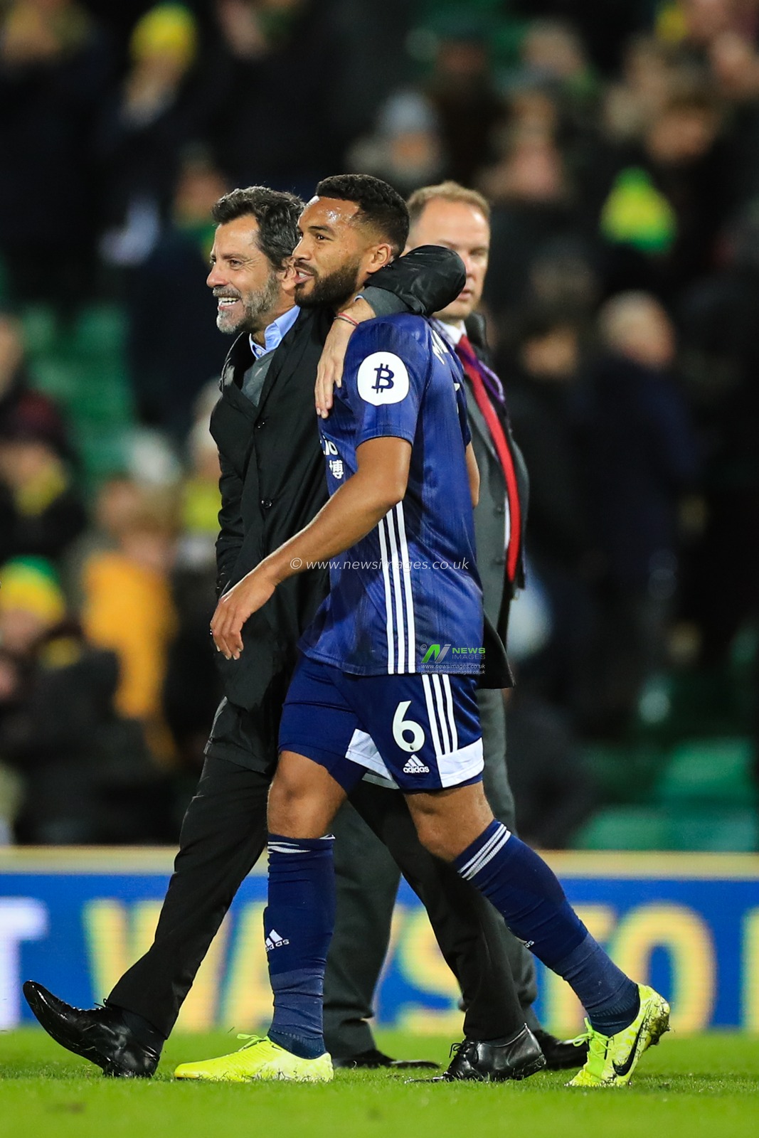 8th November 2019, Carrow Road, Norwich, England; Premier League, Norwich City v Watford : SÃ¡nchez Flores manager of Watford and Adrian Mariappa (06) of Watford celebrate their win

Credit: Georgie Kerr/News Images