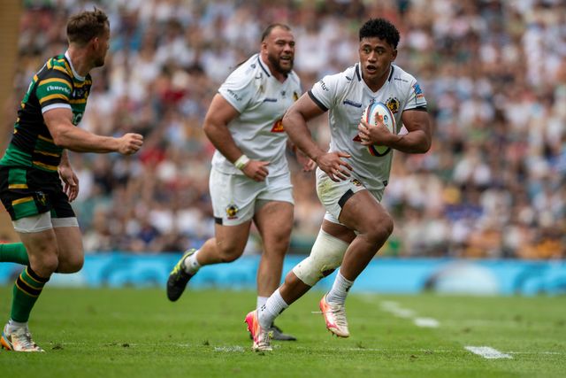 Greg Fisilau of Exeter Chiefs runs with the ball during the Gallagher PREM Final match Northampton Saints vs Exeter Chiefs at Allianz Stadium, Twickenham, United Kingdom on 20 June 2026.

(Photo by Alex Williamson/News Images)