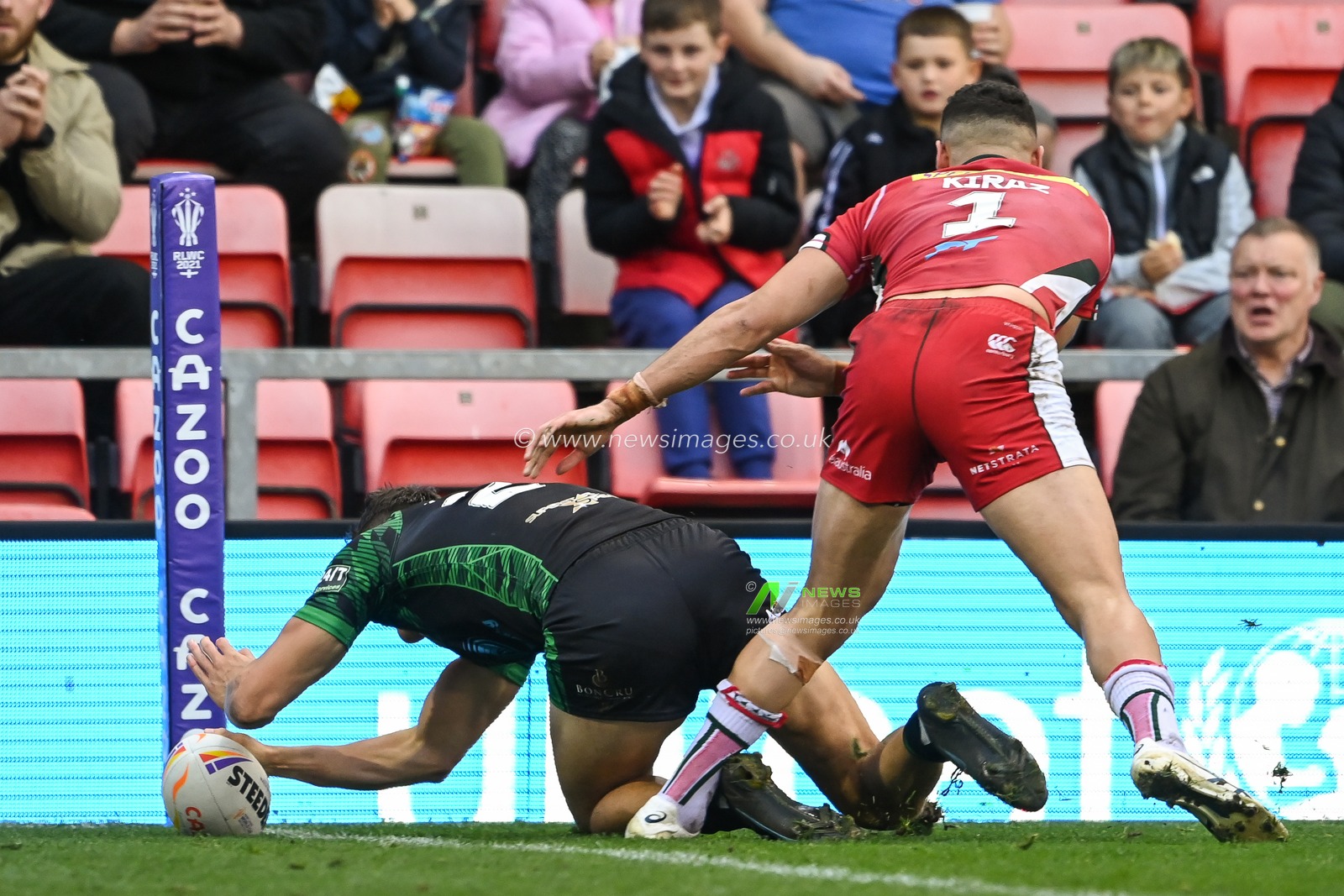 Louis Senior of Ireland goes over for a try during the Rugby League World Cup 2021 match Ireland vs Lebanon at Leigh Sports Village, Leigh, United Kingdom, 23rd October 2022

(Photo by Craig Thomas/News Images)