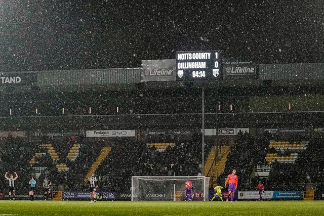 Full time scoreline as it snows during the Sky Bet League 2 match Notts County vs Gillingham at Meadow Lane, Nottingham, United Kingdom, 3rd February 2026

(Photo by Maynard Manyowa/News Images)