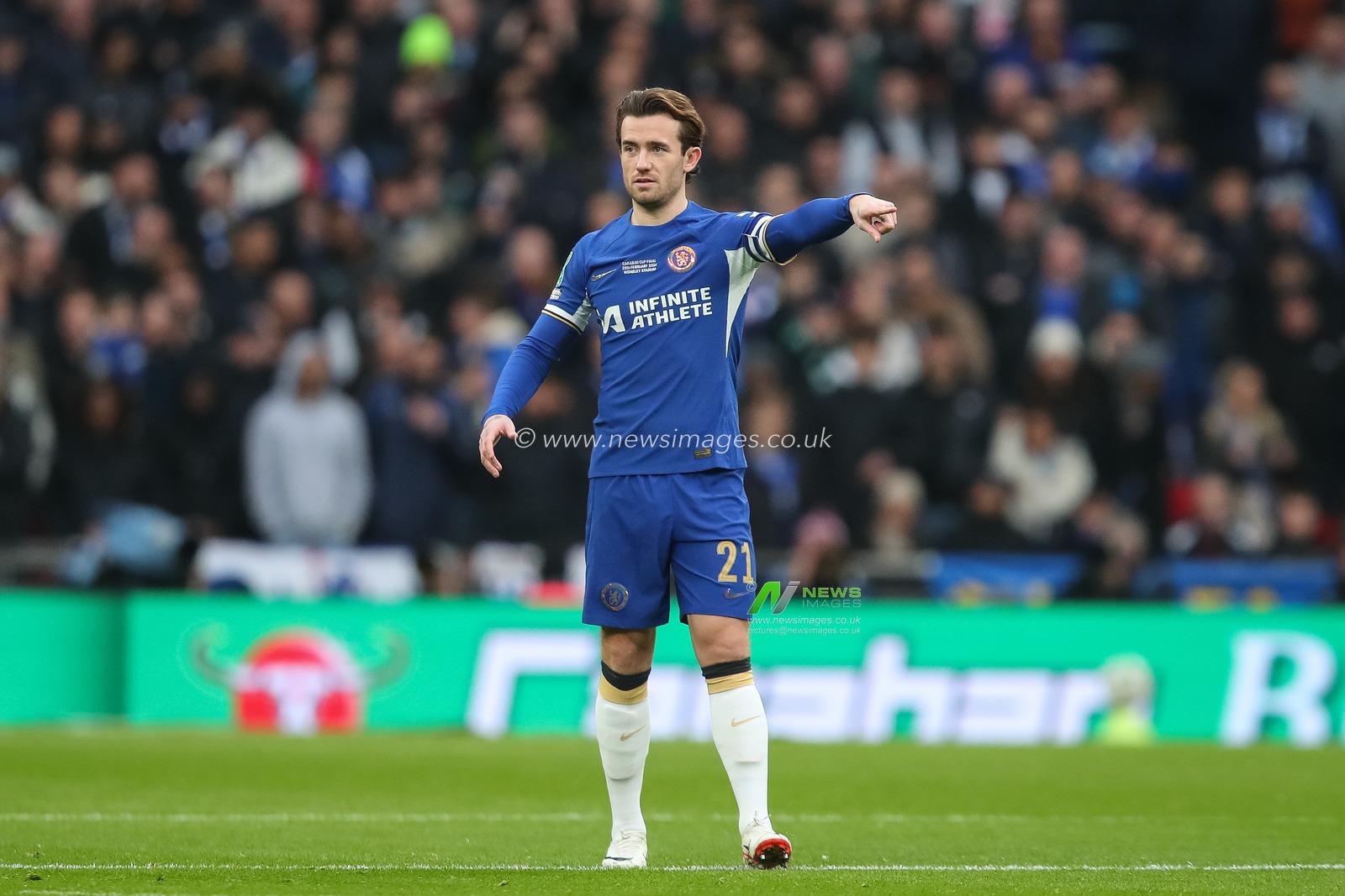 Ben Chilwell of Chelsea gives his team instructions  during the Carabao Cup Final match Chelsea vs Liverpool at Wembley Stadium, London, United Kingdom, 25th February 2024

(Photo by Gareth Evans/News Images)