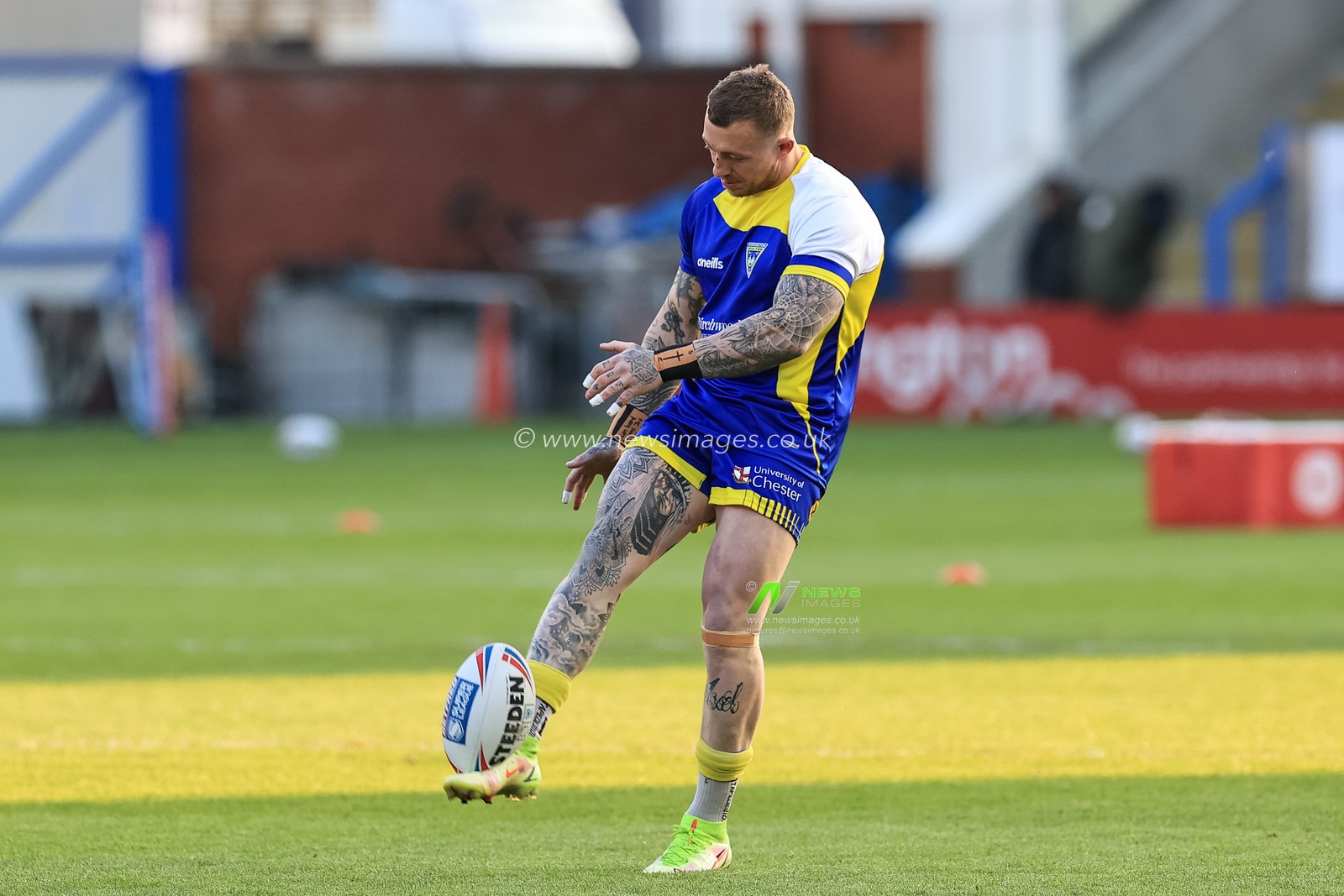 Josh Charnley #2 of Warrington Wolves during pre-game warm up