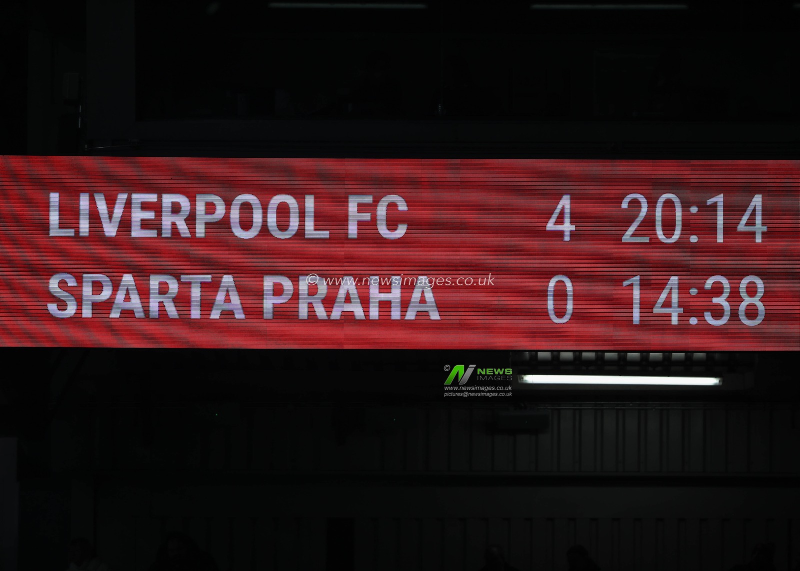 The scoreboard displays the 4-0 scoreline, during the UEFA Europa League match Liverpool vs Sparta Prague at Anfield, Liverpool, United Kingdom, 14th March 2024

(Photo by Gareth Evans/News Images)