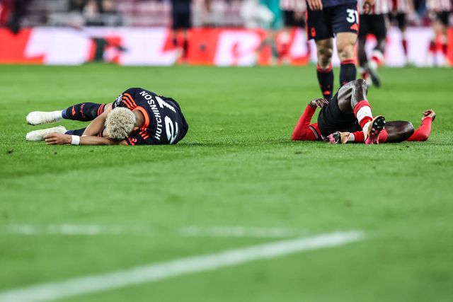 Omari Hutchinson of Nottingham Forest goes down with an injury during the Premier League match Sunderland vs Nottingham Forest at Stadium Of Light, Sunderland, United Kingdom on 24 April 2026

(Photo by Alfie Cosgrove/News Images)