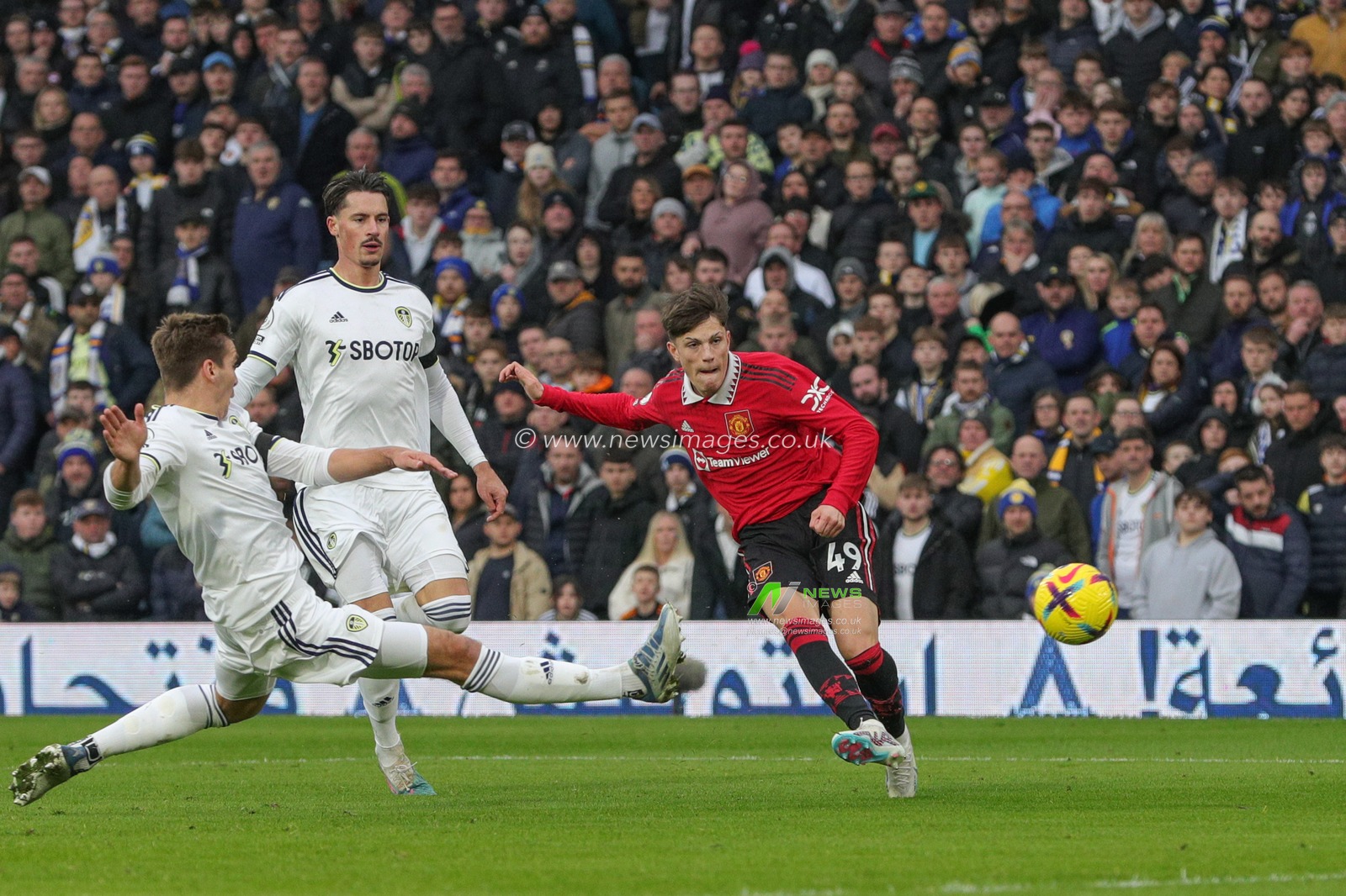 Alejandro Garnacho #49 of Manchester United scores a goal to make it 0-2 during the Premier League match Leeds United vs Manchester United at Elland Road, Leeds, United Kingdom, 12th February 2023

(Photo by James Heaton/News Images)