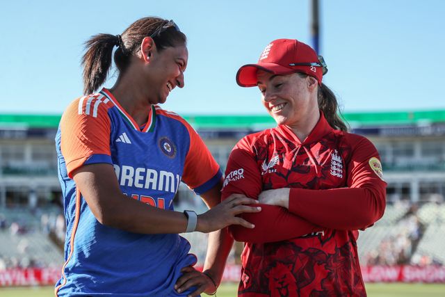 Harmanpreet Kaur of India and Tammy Beaumont of England meet for the coin toss during the 5th Vitality IT20 England Women vs India Women at Edgbaston, Birmingham, United Kingdom, 12th July 2025

(Photo by Izzy Poles/News Images)
