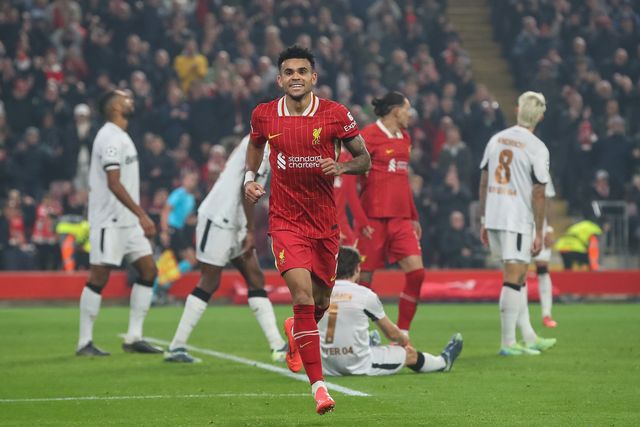 Luis DÃ­az of Liverpool celebrates his goal to make it 3-0 during the UEFA Champions League, League Stage match Liverpool vs Bayer 04 Leverkusen at Anfield, Liverpool, United Kingdom, 5th November 2024

(Photo by Gareth Evans/News Images)