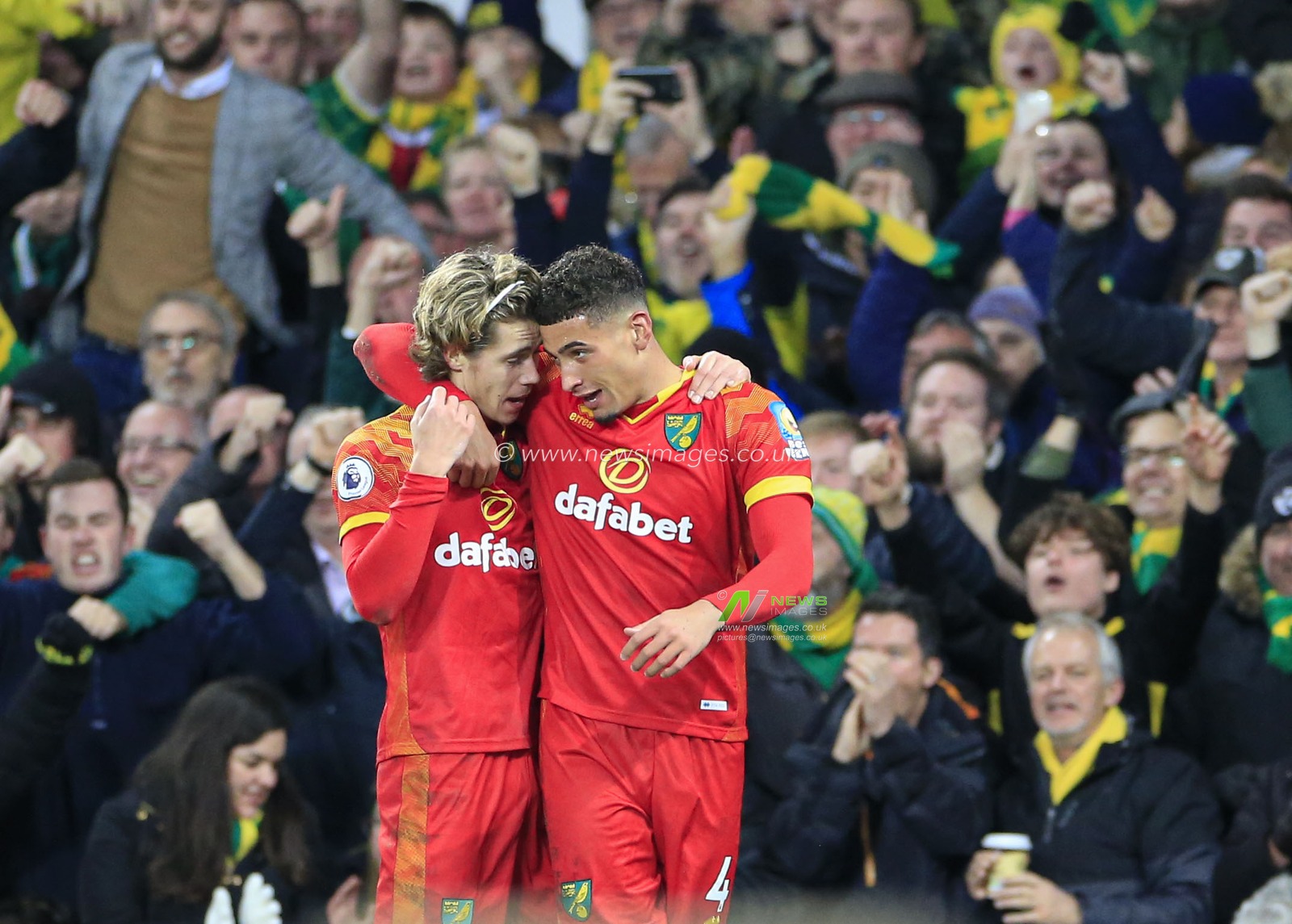 23rd November 2019, Goodison Park, Liverpool, England; Premier League, Everton v Norwich City : Todd Cantwell (14) of Norwich City celebrates his goal in the 55th minute with Ben Godfrey making it 0-1 to Norwich

Credit: Conor Molloy/News Images