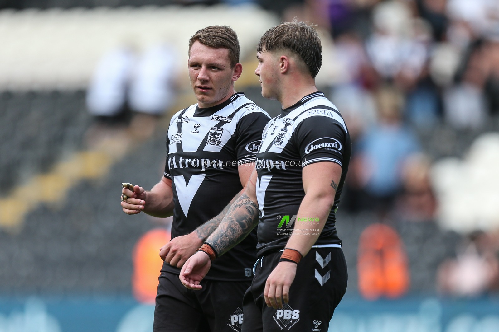 Jordan Lane #13 and Denive Balmforth #33 of Hull FC in conversation after the final whistle