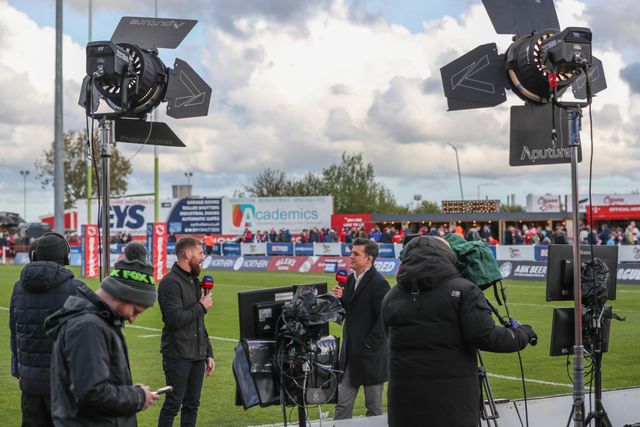 Sam Tomkins and Brian Carney during a live broadcast during the Betfred Super League Round 9 match Hull KR vs Wigan Warriors at Sewell Group Craven Park, Kingston upon Hull, United Kingdom, 26th April 2024

(Photo by Alfie Cosgrove/News Images)