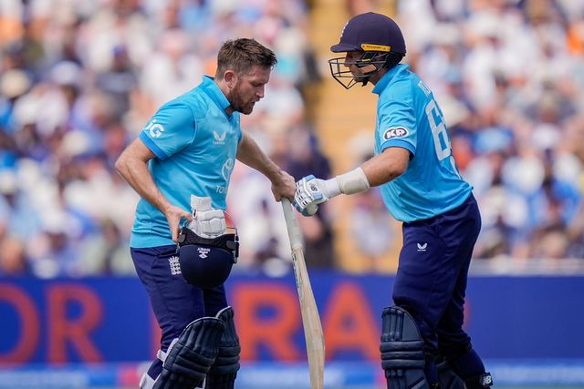 Liam Dawson of England and Joe Root of England celebrate a partnership milestone during the 1st Metro Bank ODI match England vs India at Edgbaston, Birmingham, United Kingdom on 14 July 2026

(Photo by Maynard Manyowa/News Images)