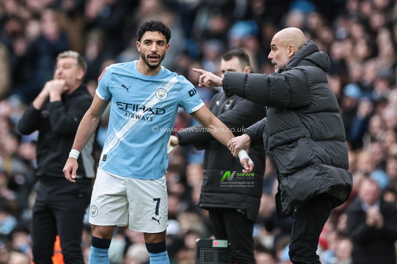 Pep Guardiola manager of Manchester City gives instruction to Omar Marmoush of Manchester City during the Emirates FA Cup 4th Round match Manchester City vs Salford City at Etihad Stadium, Manchester, United Kingdom on 14 February 2026

(Photo by Mark Cosgrove/News Images)