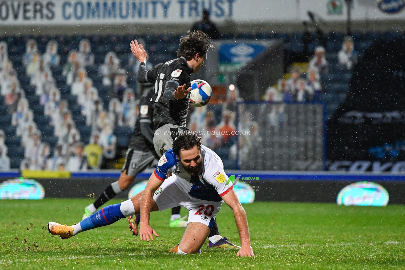 Ben Brereton #20 of Blackburn Rovers goes down in the penalty box