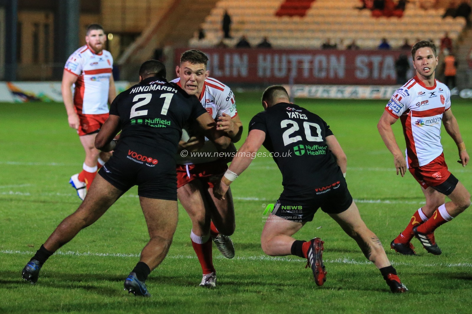 6th September 2019 , KCOM Craven Park, Hull, England;  Betfred Super League Rugby, Round 28, Hull KR vs London Broncos ; Robbie Mulhern (8) of Hull KR runs at Dan Hindmarsh (21) of London Broncos 

Credit: David Greaves/News Images