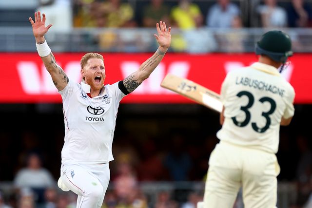 Ben Stokes of England  dismisses Marnus Labushchagne of Australia  during the NRMA Insurance Ashes Second Test Day 2 Australia vs England at The Gabba, Brisbane Cricket Ground, Brisbane, Australia, 5th December 2025

(Photo by Pat Hoelscher/News Images)

*** GER AUT SUI OUT ***