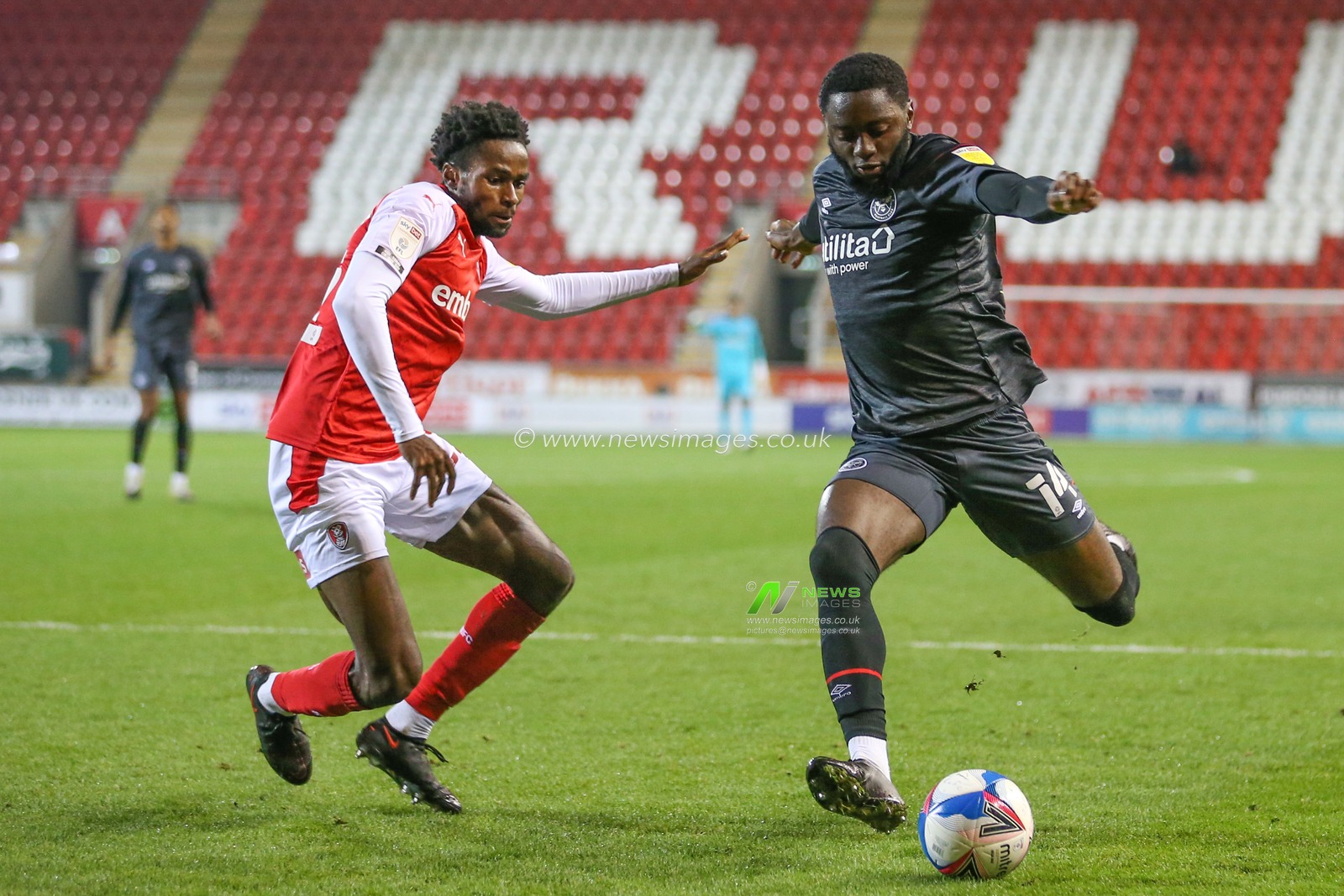 Josh Dasilva #14 of Brentford shot is saved by Jamal Blackman #27 of Rotherham United during the game