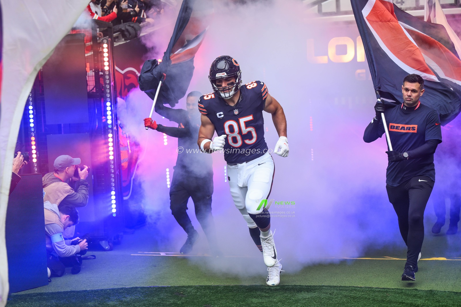 Cole Kmet of the Chicago Bears comes onto the field ahead of the Week 6 match Chicago Bears vs Jacksonville Jaguars at Tottenham Hotspur Stadium, London, United Kingdom, 13th October 2024

(Photo by Craig Thomas/News Images)
