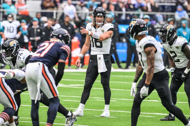 Trevor Lawrence of the Jacksonville Jaguars just a team mate instructions during the Week 6 match Chicago Bears vs Jacksonville Jaguars at Tottenham Hotspur Stadium, London, United Kingdom, 13th October 2024

(Photo by Craig Thomas/News Images)