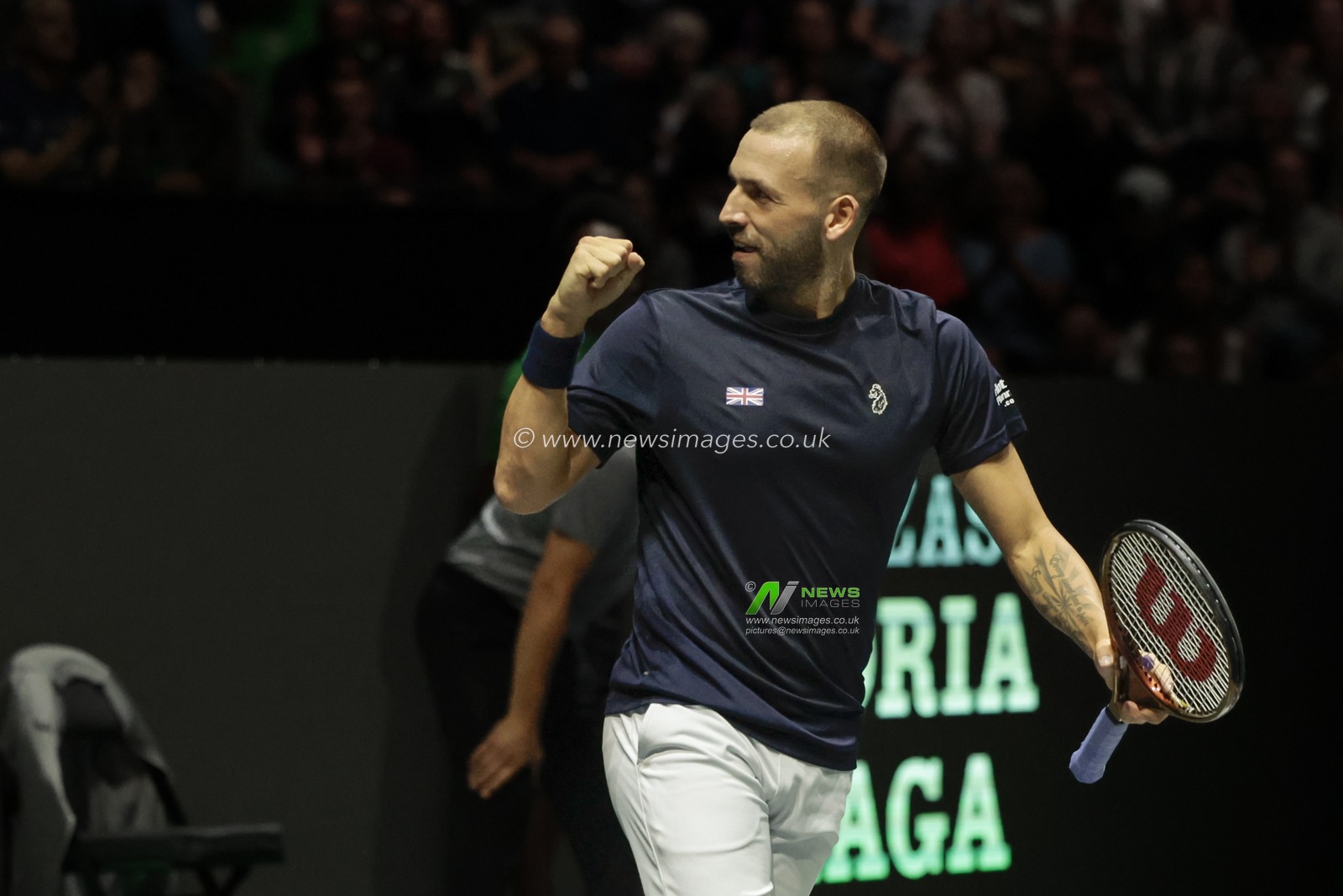 Daniel Evans (GBR) in action against Arthur Fils (FRA) during the Davis Cup match Great Britain vs France at Manchester AO Arena, Manchester, United Kingdom, 17th September 2023

(Photo by Conor Molloy/News Images)