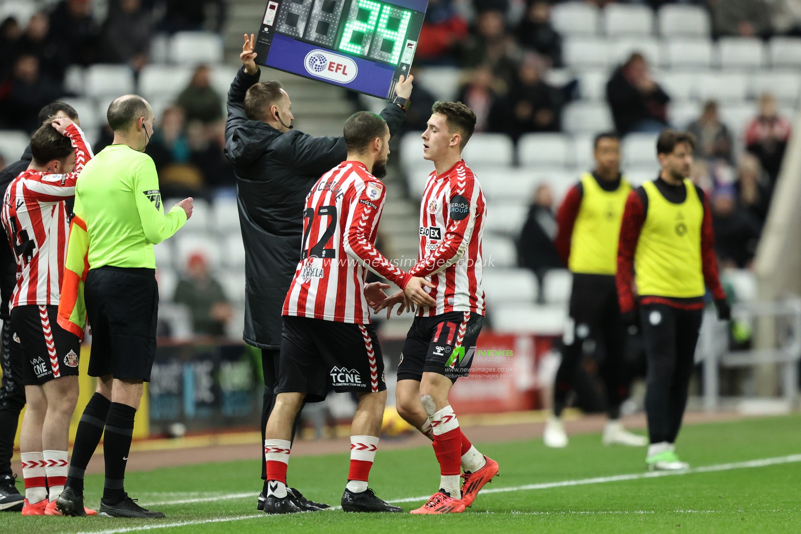 Chris Rigg of Sunderland is subbed off for Adil Aouchiche of Sunderland during the Sky Bet Championship match Sunderland vs Bristol City at Stadium Of Light, Sunderland, United Kingdom, 10th December 2024

(Photo by Alfie Cosgrove/News Images)