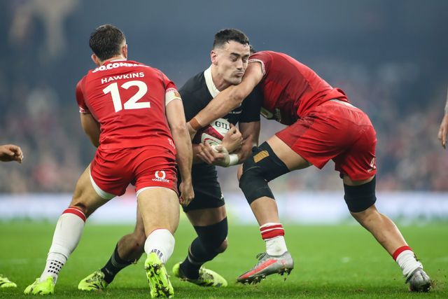 Will Jordan of New Zealand is tackled during the Quilter Nations Series 2025 match Wales vs New Zealand at Principality Stadium, Cardiff, United Kingdom, 22nd November 2025

(Photo by Andrew Lewis/News Images)

*** GER AUT SUI OUT ***
