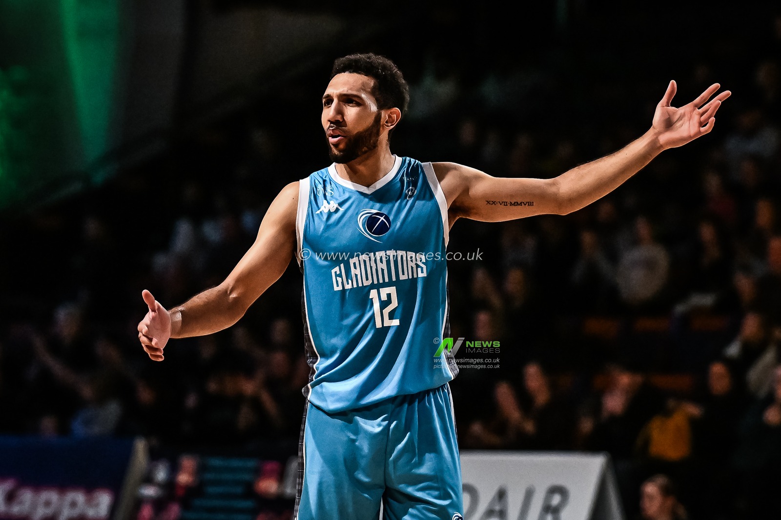 Patrick Whelan #12 of Caledonia Gladiators reacts during the British Basketball Championship match Plymouth City Patriots vs Caledonia Gladiators at Plymouth Pavilions, Plymouth, United Kingdom, 3rd November 2023

(Photo by Craig Thomas/News Images)