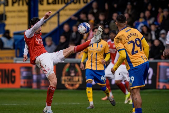 Kai Havertz of Arsenal clears the ball during the Emirates FA Cup fifth round match Mansfield Town vs Arsenal at One Call Stadium, Mansfield, United Kingdom on 07 March 2026

(Photo by Maynard Manyowa/News Images)