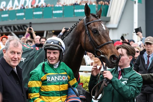 Paul Townend in the winners enclosure after winning the 16:00 Randox Grand National Handicap Chase on I Am Maximus during the Randox Grand National Day 2024 at Aintree Racecourse, Liverpool, United Kingdom, 13th April 2024

(Photo by Mark Cosgrove/News Images)