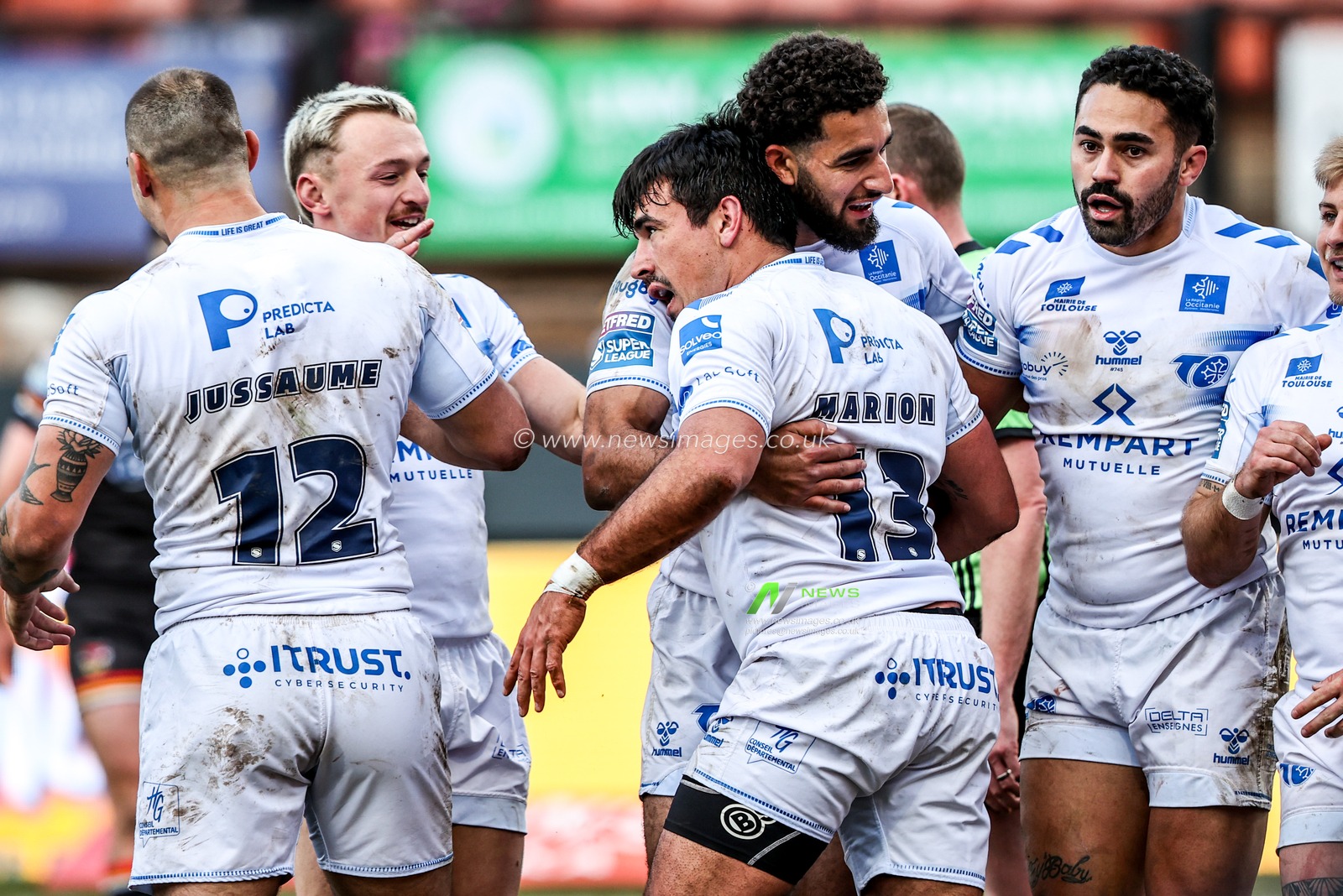 Anthony Marion of Toulouse Olympique celebrates his try during the Betfred Super League match Bradford Bulls vs Toulouse at Odsal Stadium, Bradford, United Kingdom on 01 March 2026

(Photo by Alfie Cosgrove/News Images)