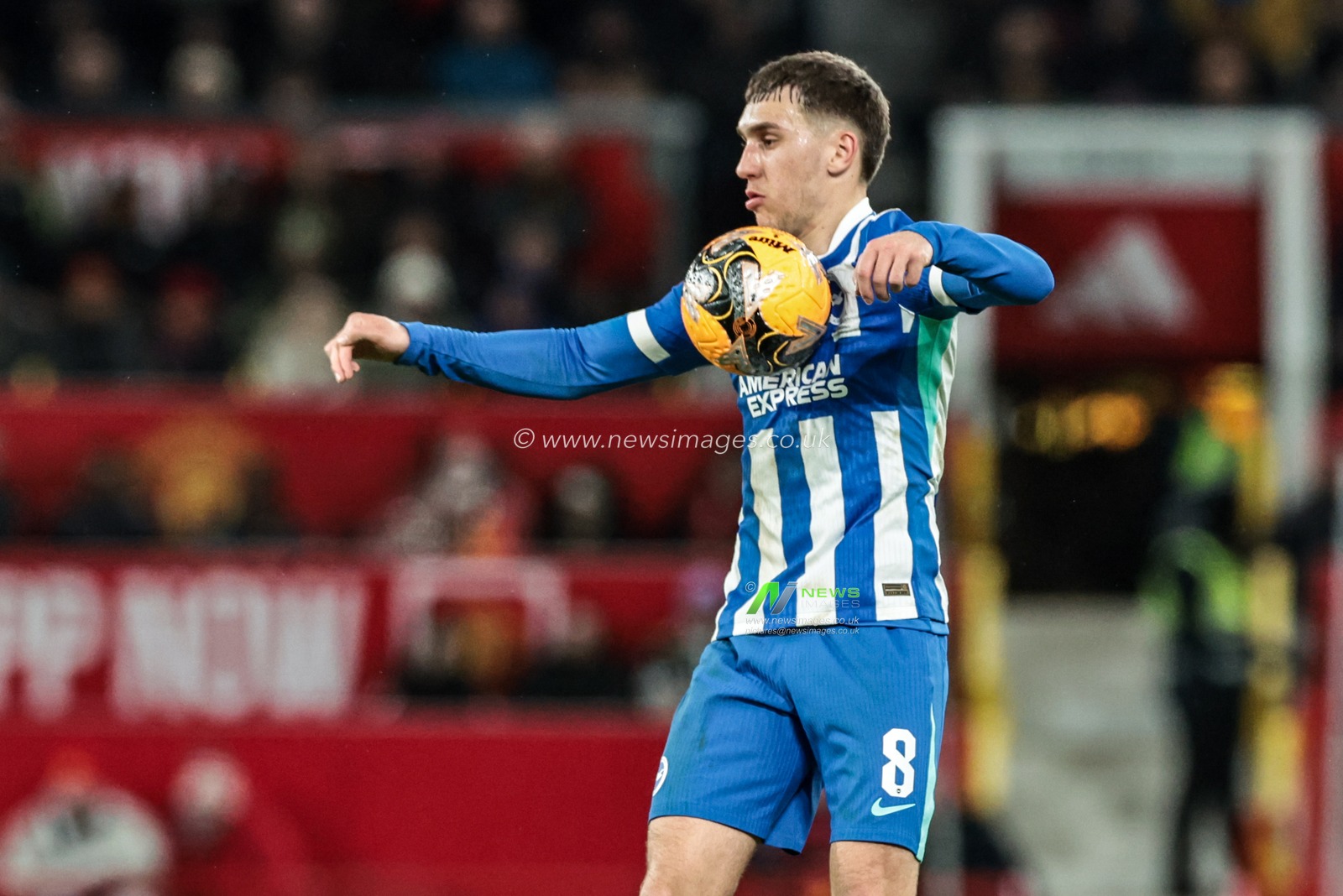 Brajan Gruda of Brighton & Hove Albion controls the ball during the Emirates FA Cup Third Round match Manchester United vs Brighton and Hove Albion at Old Trafford, Manchester, United Kingdom, 11th January 2026

(Photo by Mark Cosgrove/News Images)