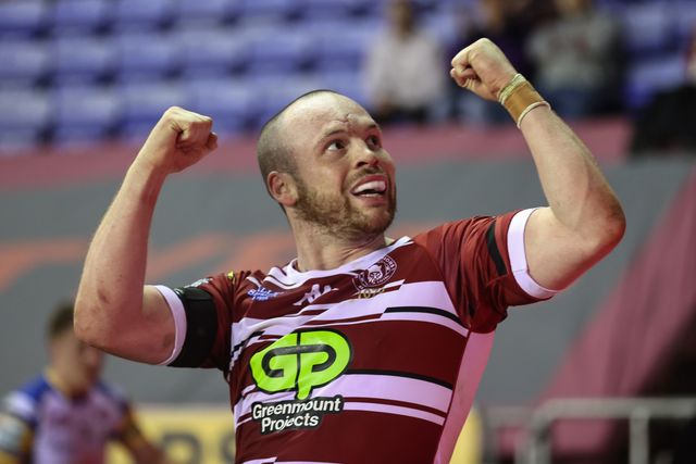 Liam Marshall of Wigan Warriors celebrates his try during the Betfred Super League Round 26 match Wigan Warriors vs Leeds Rhinos at The Brick Community Stadium, Wigan, United Kingdom, 13th September 2024

(Photo by Alfie Cosgrove/News Images)