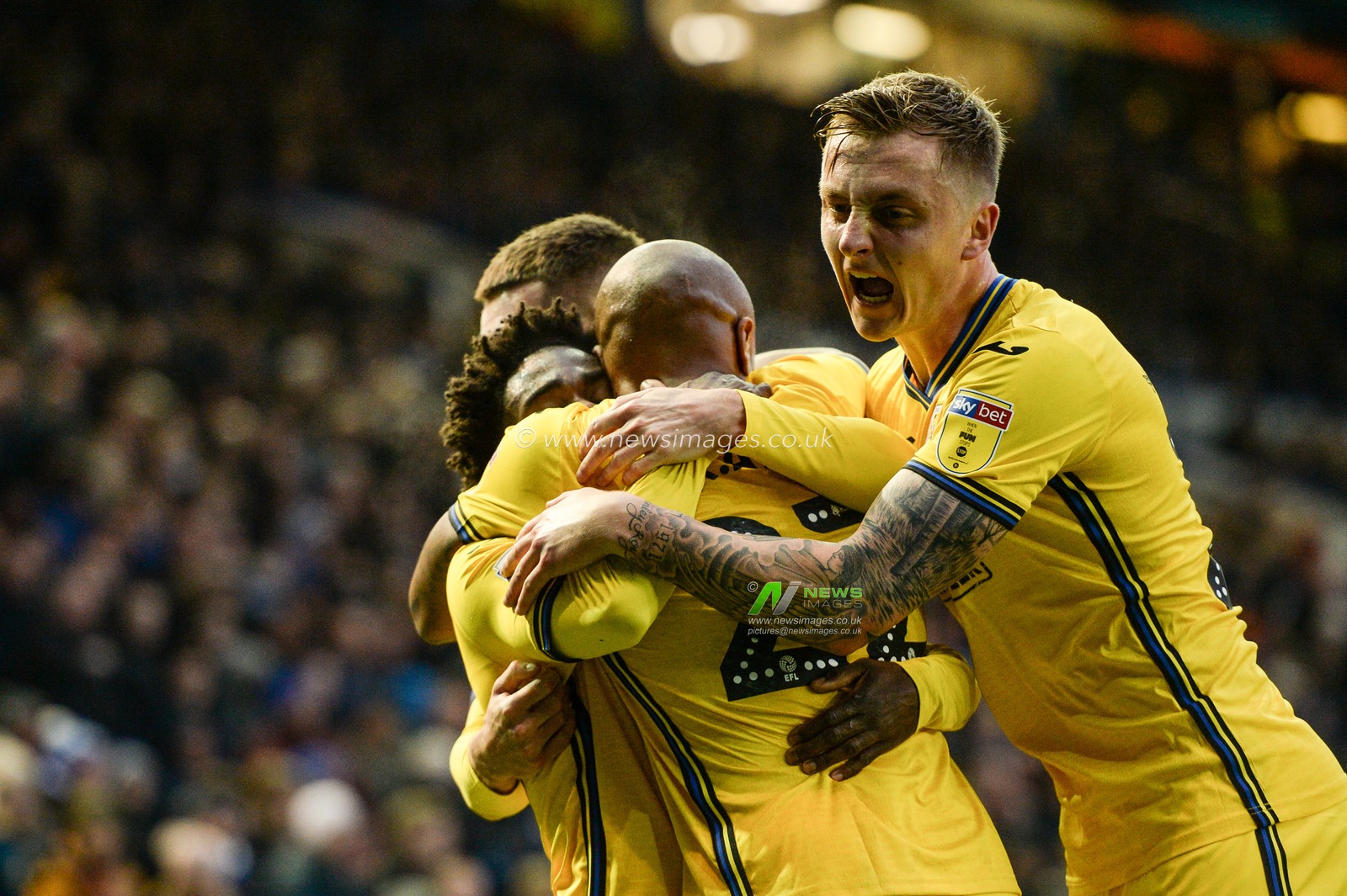 9th November 2019, Hillsborough, Sheffield, England; Sky Bet Championship, Sheffield Wednesday v Swansea City : Ben Wilmot and Andre Ayew (22) of Swansea City celebrate opening goal of the day.

Credit: Dean Williams/News Images