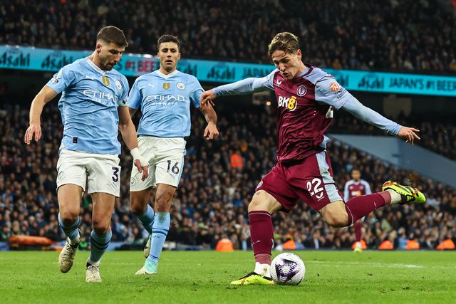NicolÃ² Zaniolo of Aston Villa shoots on goal during the Premier League match Manchester City vs Aston Villa at Etihad Stadium, Manchester, United Kingdom, 3rd April 2024

(Photo by Mark Cosgrove/News Images)