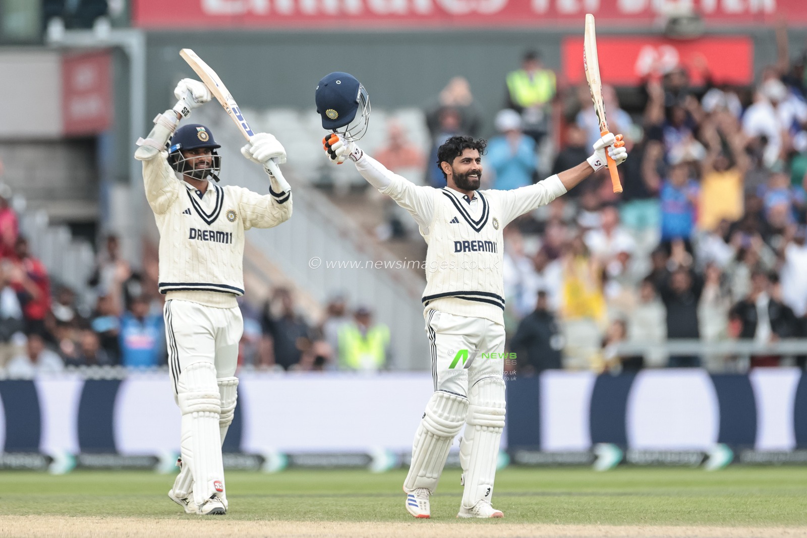 Ravindra Jadeja of India celebrates a century (100 runs) during the 4th Rothesay Test Match Day 5 England vs India at Old Trafford Cricket Ground, Manchester, United Kingdom, 27th July 2025

(Photo by Mark Cosgrove/News Images)