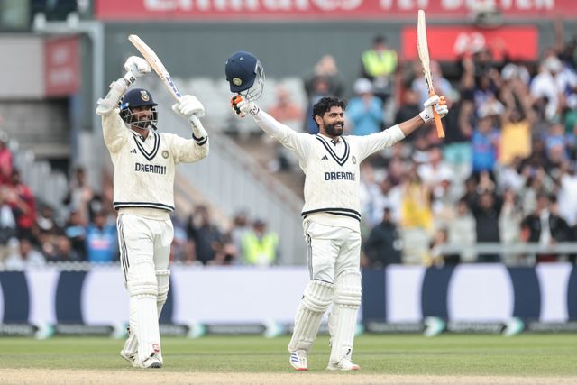 Ravindra Jadeja of India celebrates a century (100 runs) during the 4th Rothesay Test Match Day 5 England vs India at Old Trafford Cricket Ground, Manchester, United Kingdom, 27th July 2025

(Photo by Mark Cosgrove/News Images)