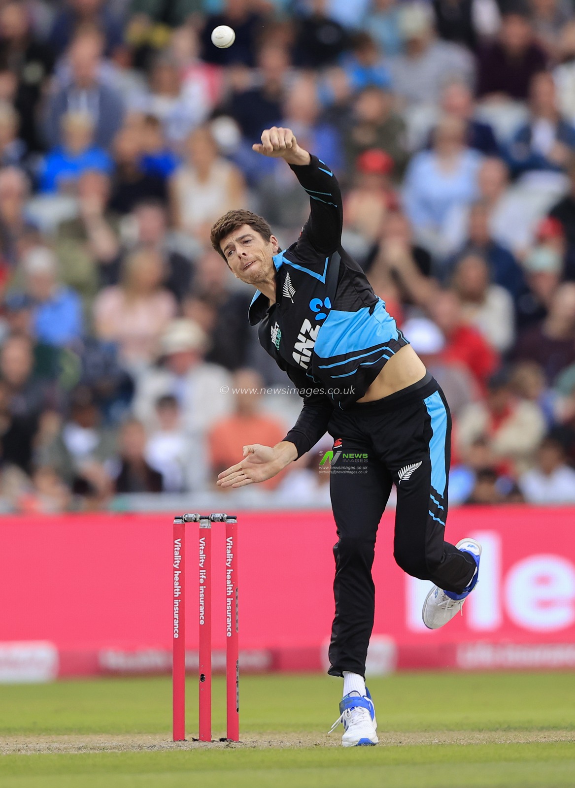 Mitchell Santner #74 of New Zealand in bowling action during the Second Vitality T20 International match England vs New Zealand at Old Trafford, Manchester, United Kingdom, 1st September 2023

(Photo by Conor Molloy/News Images)