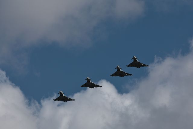 Four RAF Eurofighter Typhoon FGR Mk4 make a tower flyby as the prepare to land during a flight training day at RAF Coningsby, Coningsby, United Kingdom, 22nd September 2025

(Photo by Mark Cosgrove/News Images)