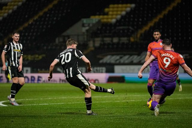 Scott Robertson of Notts County scores to make it 1-0 during the Sky Bet League 2 match Notts County vs Gillingham at Meadow Lane, Nottingham, United Kingdom, 3rd February 2026

(Photo by Maynard Manyowa/News Images)