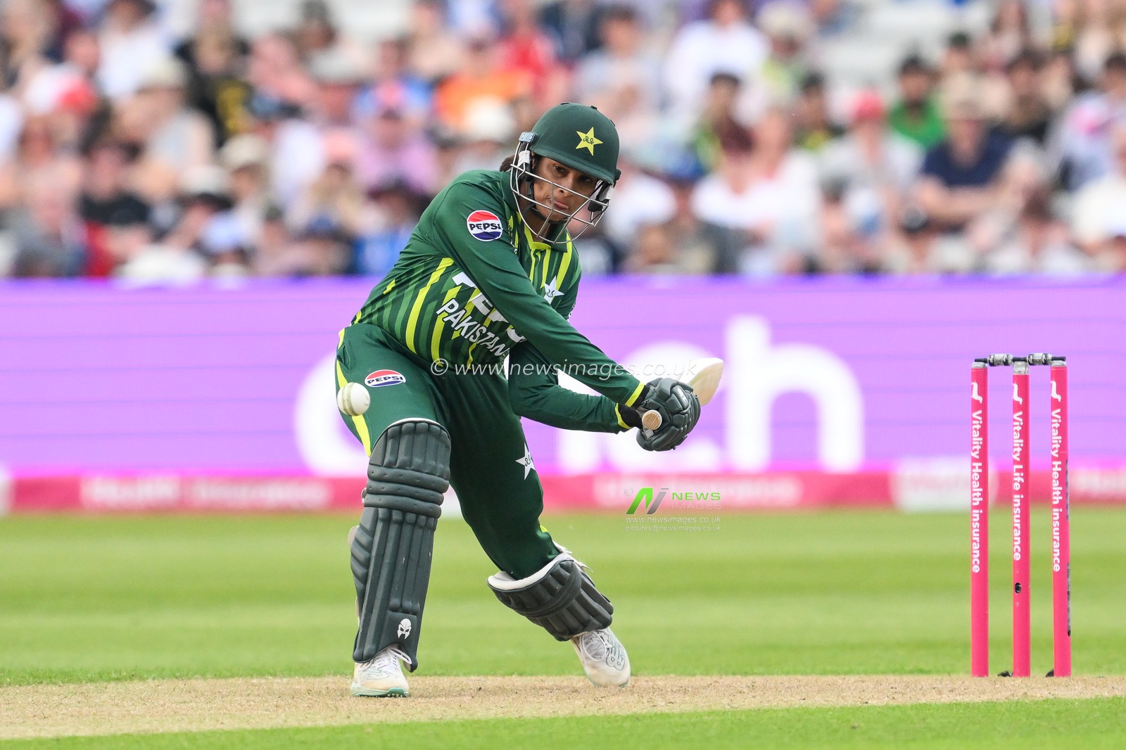 Sadia Iqbal of Pakistan drives the ball for 2 runs during the First T20 International match England women vs Pakistan women at Edgbaston, Birmingham, United Kingdom, 11th May 2024

(Photo by Craig Thomas/News Images)