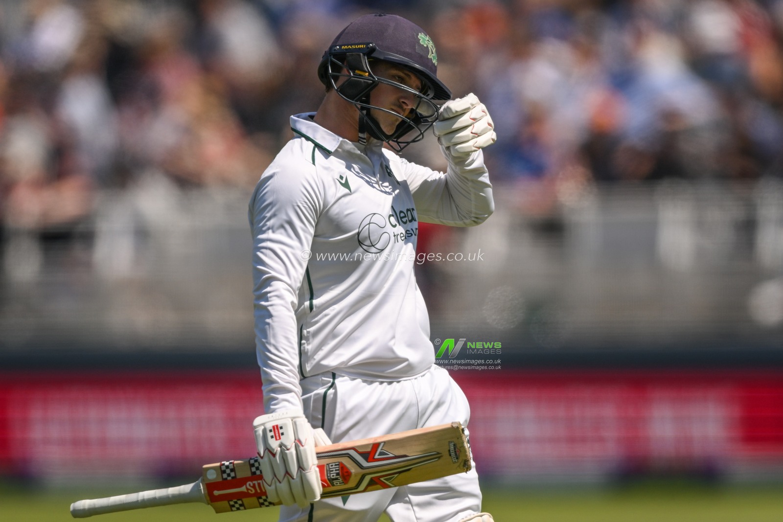 James McCollum of Ireland leaves the filed of play after being bowled by Stuart Broad of England caught by Joe Root of England during the LV= Insurance day one Test match England vs Ireland at Lords, London, United Kingdom, 1st June 2023

(Photo by Craig Thomas/News Images)