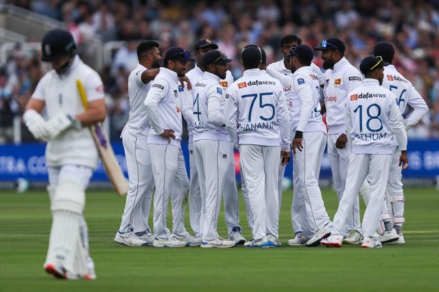 Milan Rathnayake of Sri Lanka celebrates with teammates after dismissing Ben Duckett of England during England v Sri Lanka 2nd Rothesay Test Match Day 3 at Lords, London, United Kingdom, 31st August 2024

(Photo by Izzy Poles/News Images)