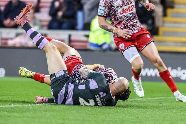 Lachlan Lam of Leigh Leopards goes over for a try during the Betfred Super League round 9 match Leigh Leopards vs Huddersfield Giants at Leigh Sports Village, Leigh, United Kingdom on 23 April 2026

(Photo by Alfie Cosgrove/News Images)