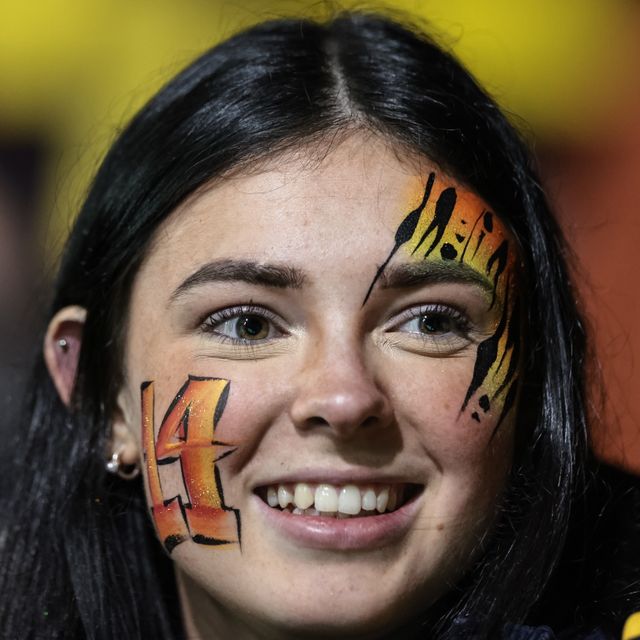 A Castleford Tigers fan with a faceprint smiles in the crowd during the Betfred Super League Round 3 match Castleford Tigers vs Huddersfield Giants at OneBore Stadium, Castleford, Untied Kingdom on 27 February 2026

(Photo by Mark Cosgrove/News Images)