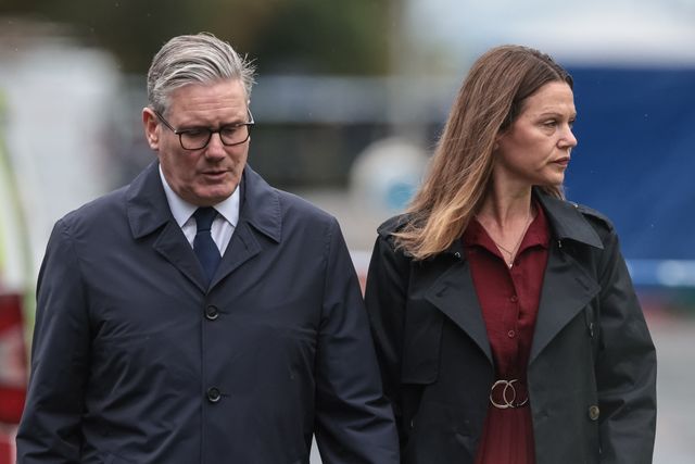 Sir Keir Starmer, Prime Minister of the United Kingdom of Great Britain and Northern Ireland and his wife Victoria, Lady Starmer hold hands as they leave the scene during the Manchester synagogue terror attack day 2 at Heaton Park Shul, Manchester, United Kingdom, 3rd October 2025

(Photo by Mark Cosgrove/News Images)