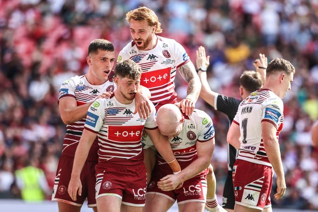 Jack Farrimond of Wigan Warriors celebrates his try during the Betfred Challenge Cup Final match Wigan Warriors vs Hull KR at Wembley Stadium, London, United Kingdom on 30 May 2026

(Photo by Alfie Cosgrove/News Images)