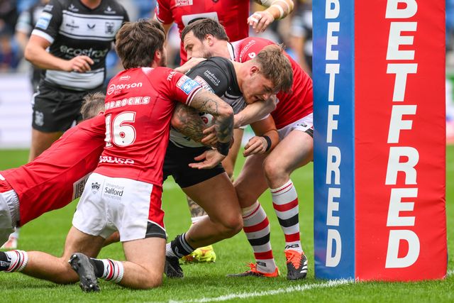 Denive Balmforth Hull FC goes over for a try during the Betfred Super League Round 16 match Salford Red Devils vs Hull FC at Salford Community Stadium, Eccles, United Kingdom, 7th July 2024

(Photo by Craig Thomas/News Images)